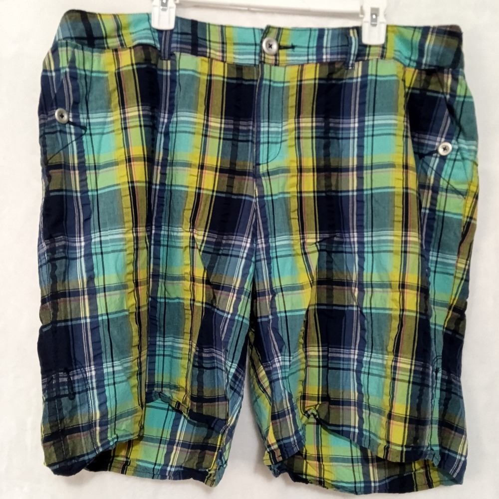 Lane Bryant Blue Green Yellow Plaid Cotton Shorts Womens Size 20